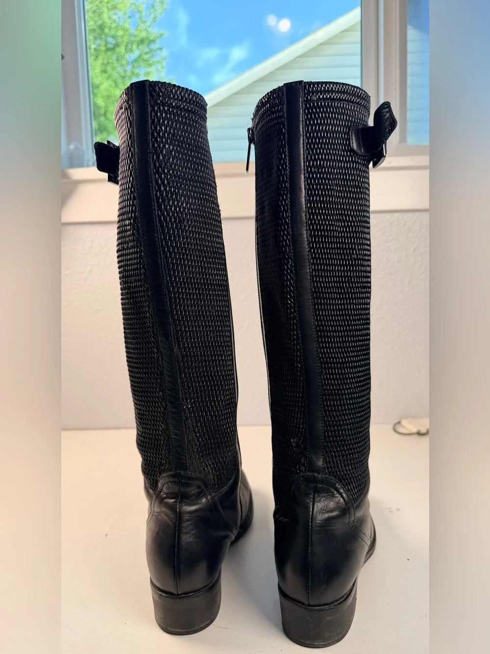 Aquatalia Black Leather Tall Riding Boots Mesh Panel Women Size 6.5 Italy
